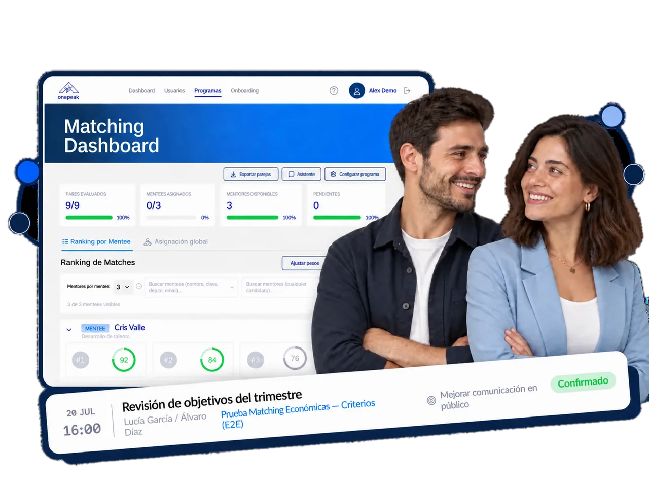 Matching Dashboard de OnePeak: ranking de parejas Sherpa↔Trekker con sus puntuaciones, junto a una sesión de mentoring confirmada